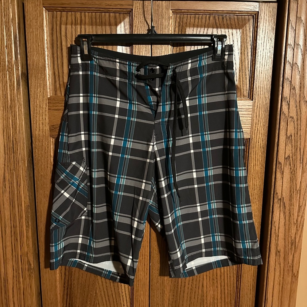 Reclaim Blue/Gray/Black Plaid Swim Trunks - 30W
